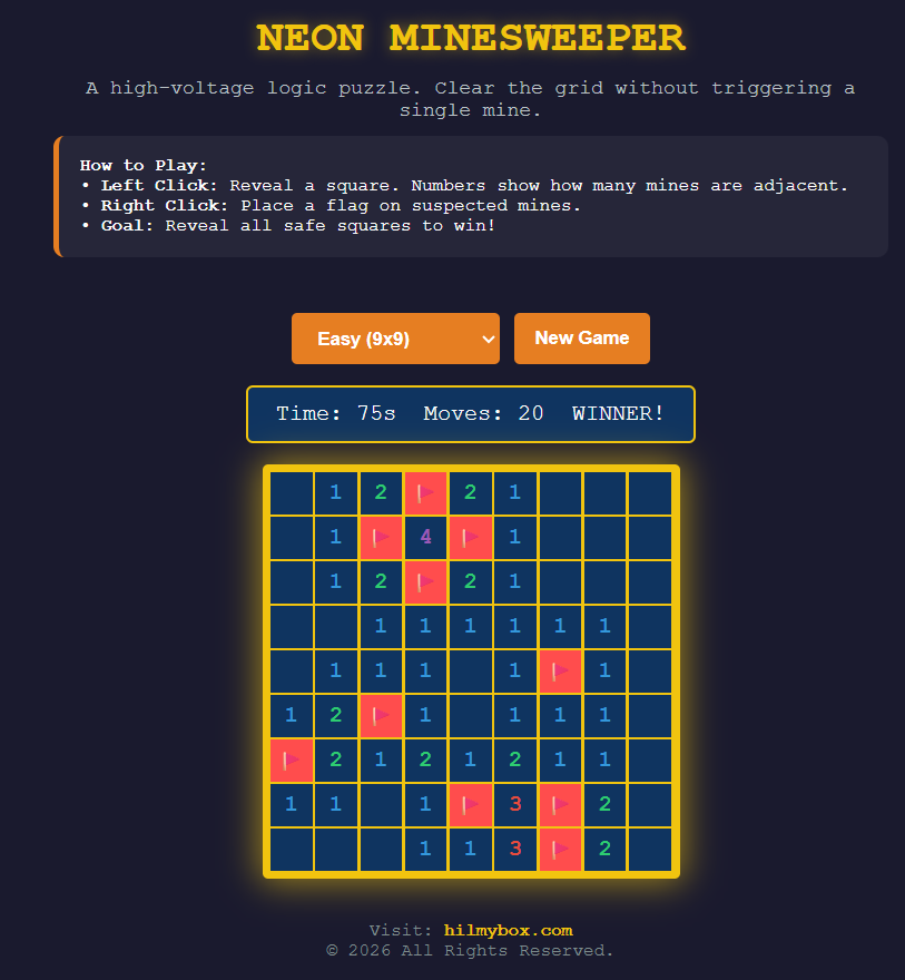 Neon Minesweeper: High-Voltage Strategy in Your Browser